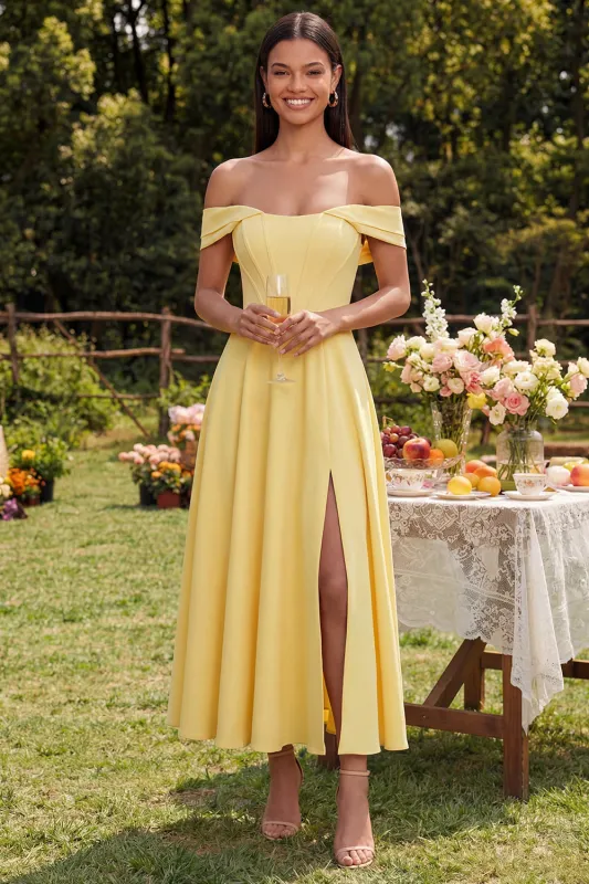 A-Line Off the Shoulder Yellow Corset Maxi Dress with Slit made by Zapaka