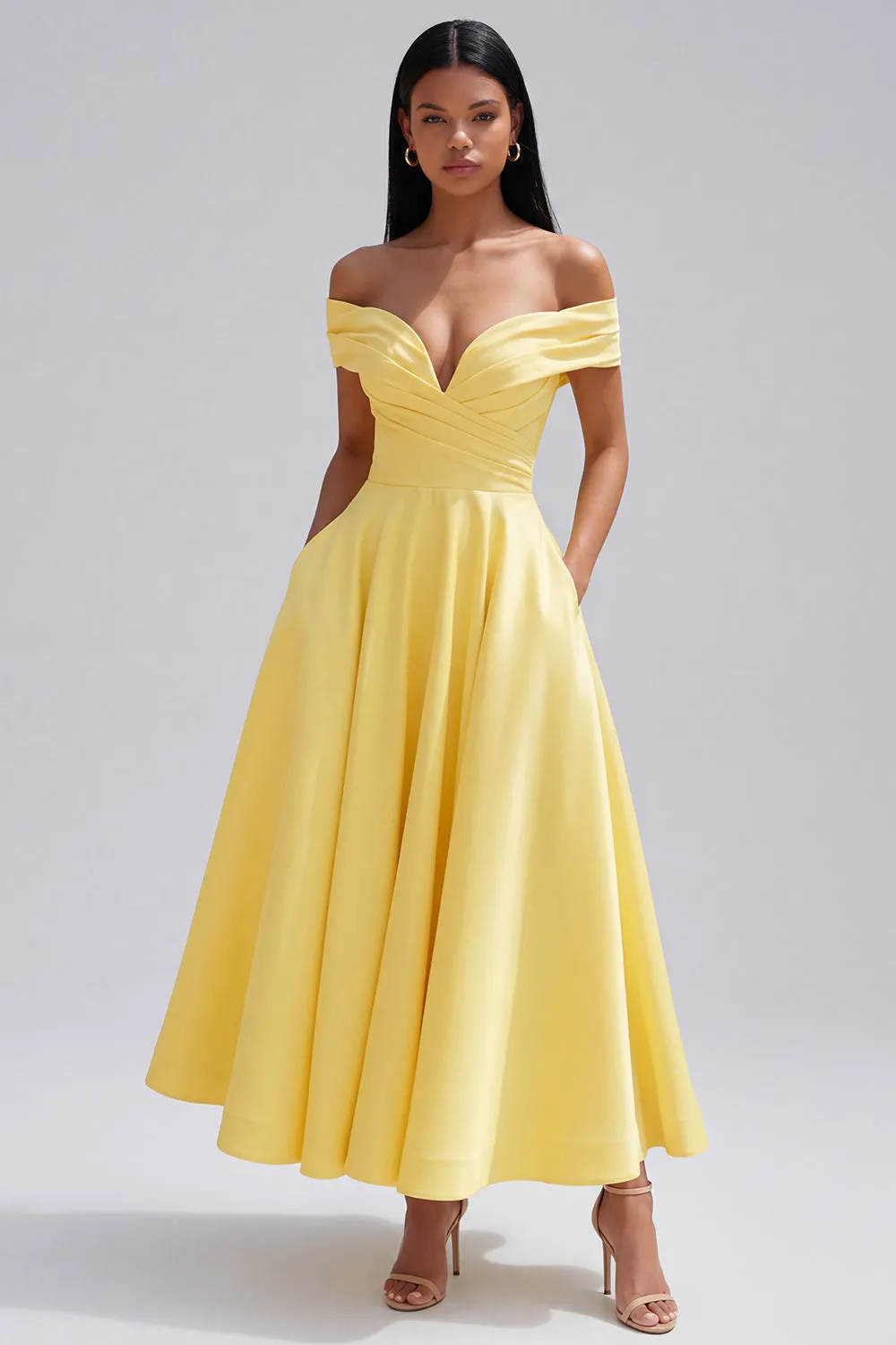 Off the Shoulder Yellow A-Line Ruched Maxi Dress with Pockets sold by Zapaka product image thumbnail 3