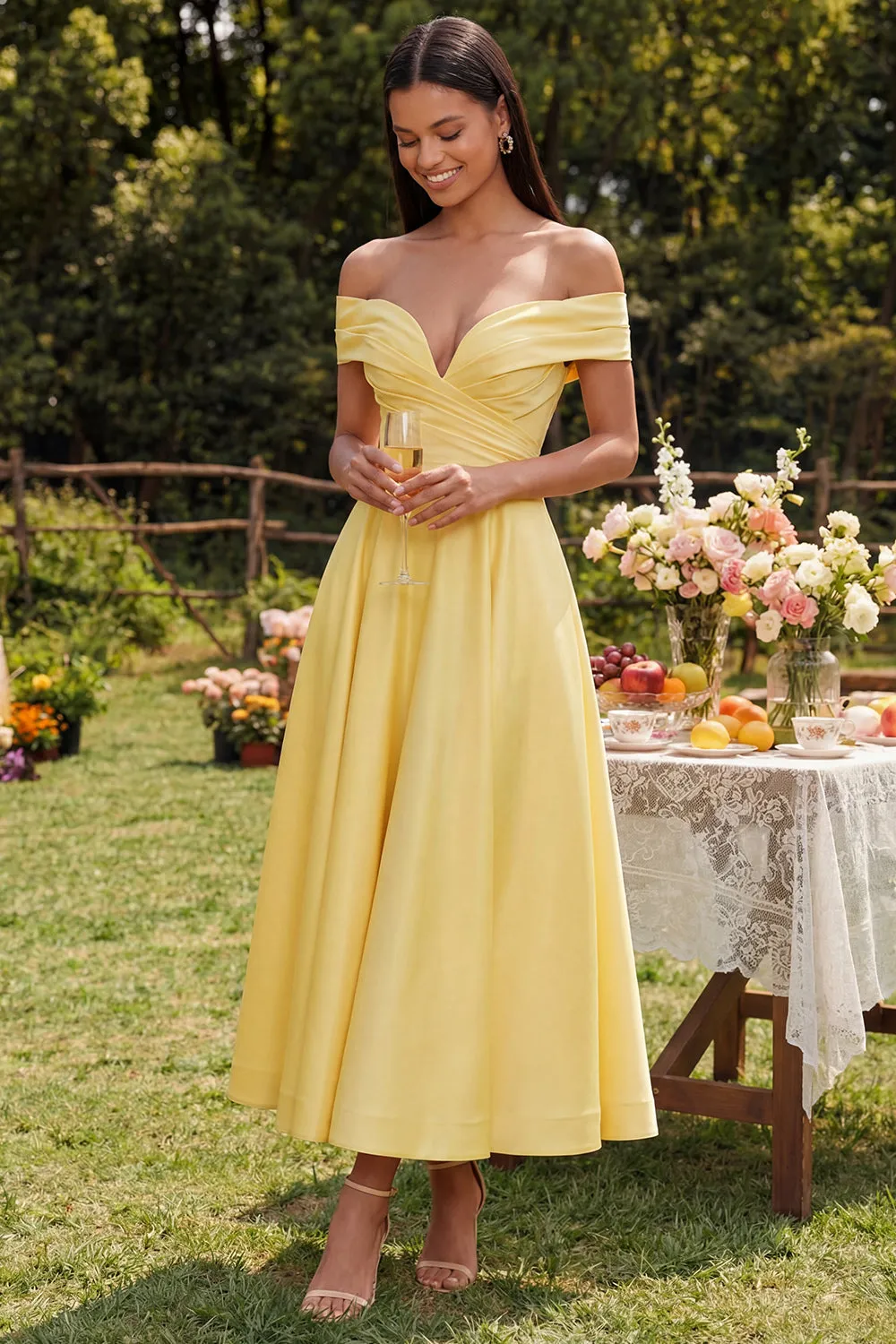 Off the Shoulder Yellow A-Line Ruched Maxi Dress with Pockets sold by Zapaka