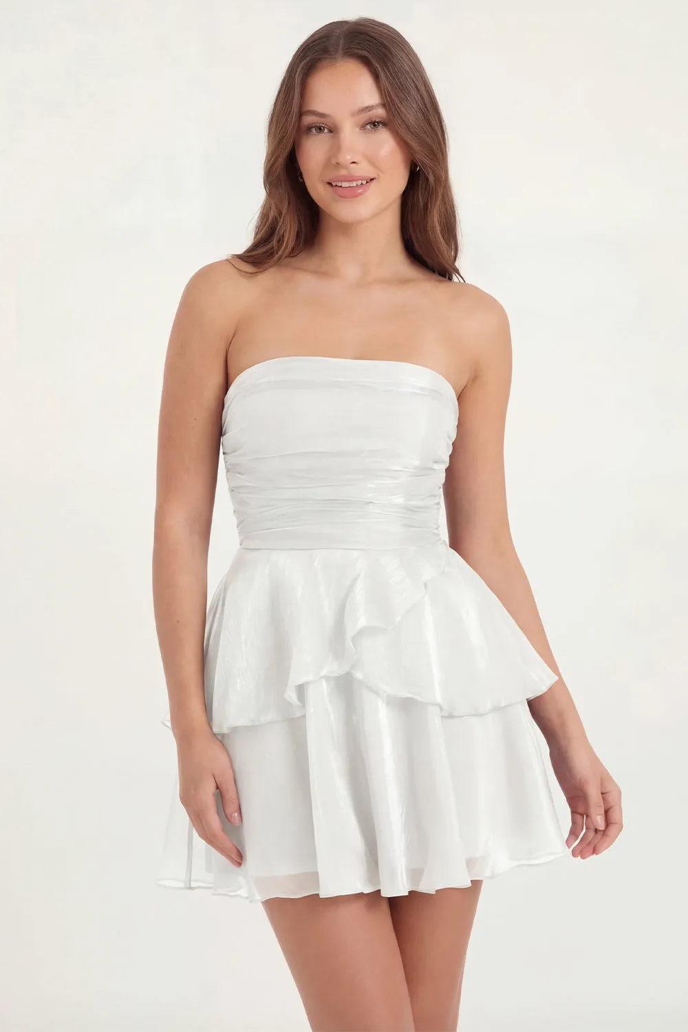 Glitter White Strapless A Line Tiered Ruffled Short Graduation Dress sold by Zapaka
