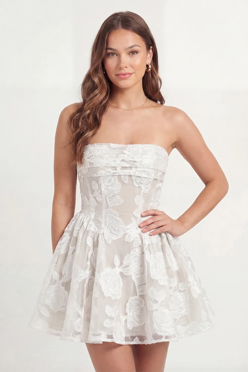 Strapless White Appliqued Corset A Line Mini Dress sold by Zapaka