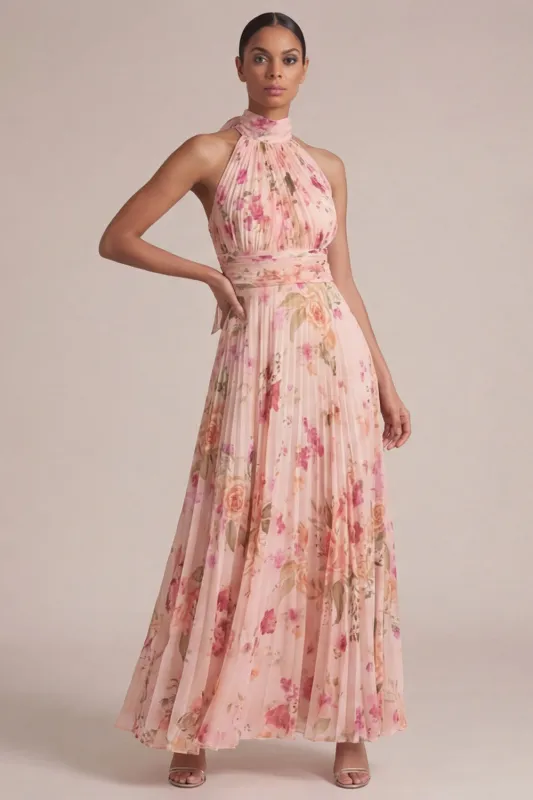 Peach Halter Floral Pleated A Line Long Wedding Guest Dress with Bow made by Zapaka