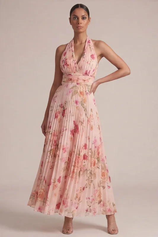 Floral Peach Pleated Halter Long Wedding Guest Dress with Bow made by Zapaka