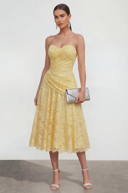 Yellow Sweetheart Ruched Lace Midi Dress made by Zapaka