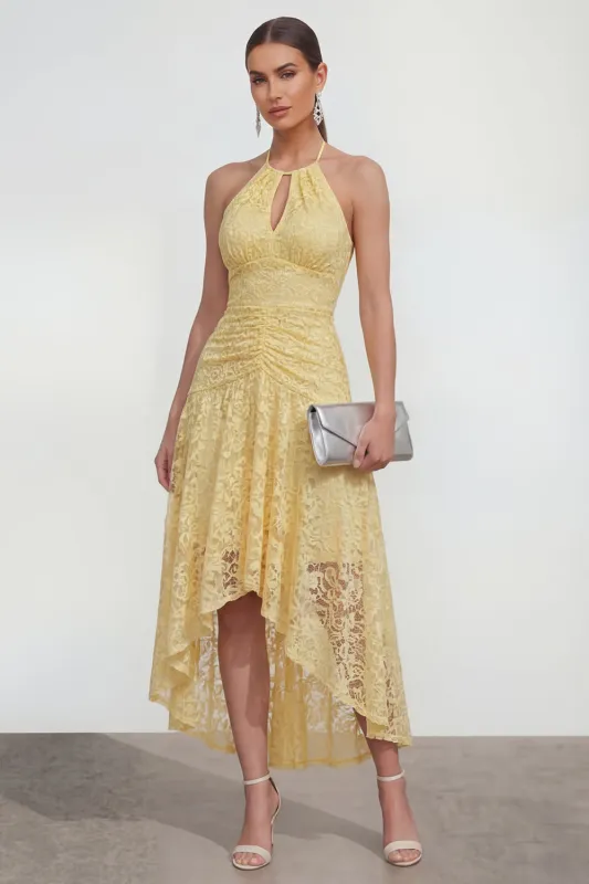 Yellow Lace A-Line Halter Asymmetrical Midi Dress with Keyhole made by Zapaka