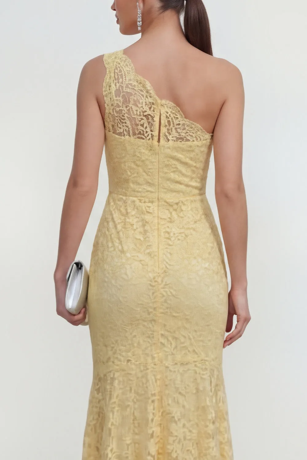 Lace Yellow One Shoulder Ruched Mermaid Long Dress sold by Zapaka product image thumbnail 4