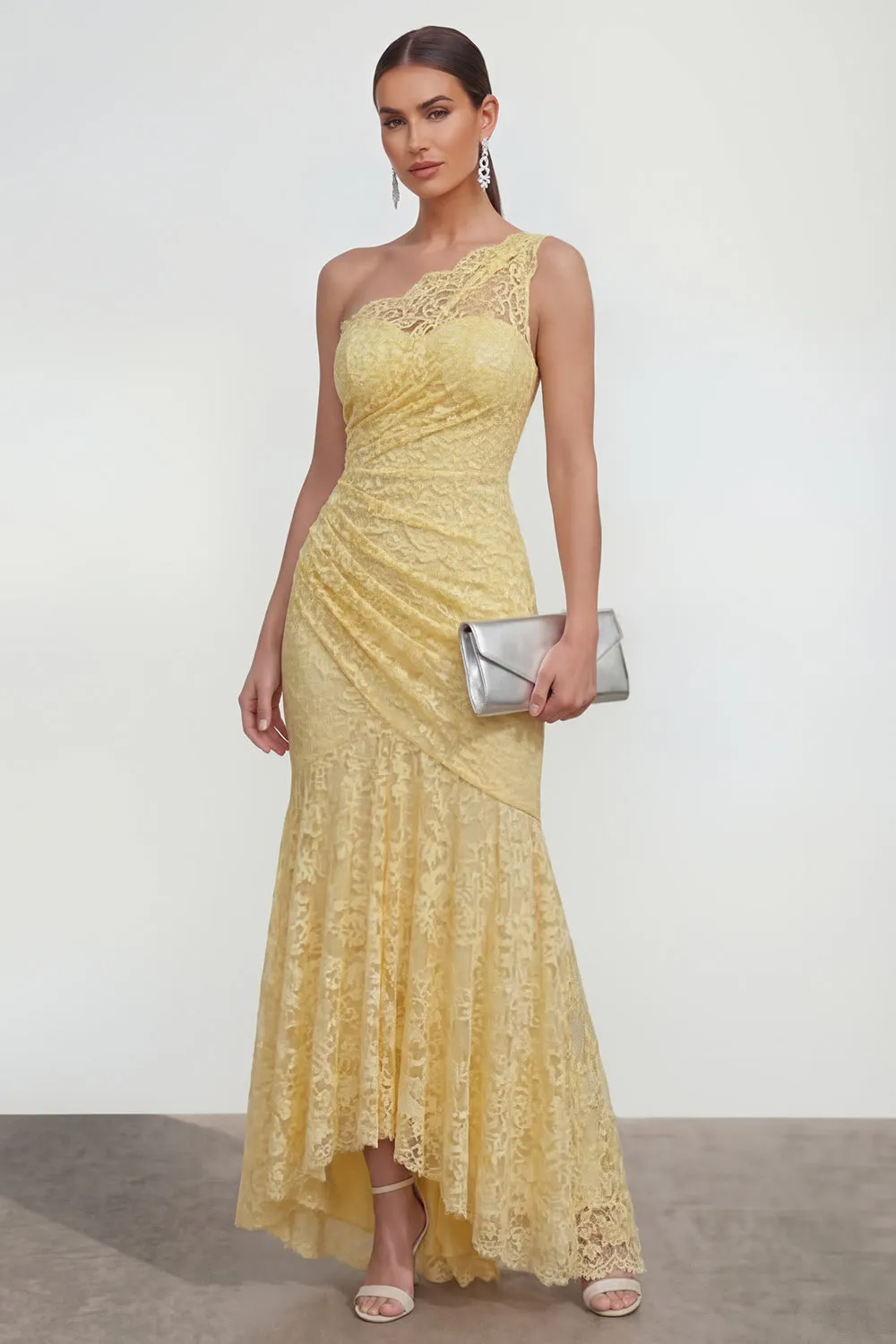 Lace Yellow One Shoulder Ruched Mermaid Long Dress sold by Zapaka
