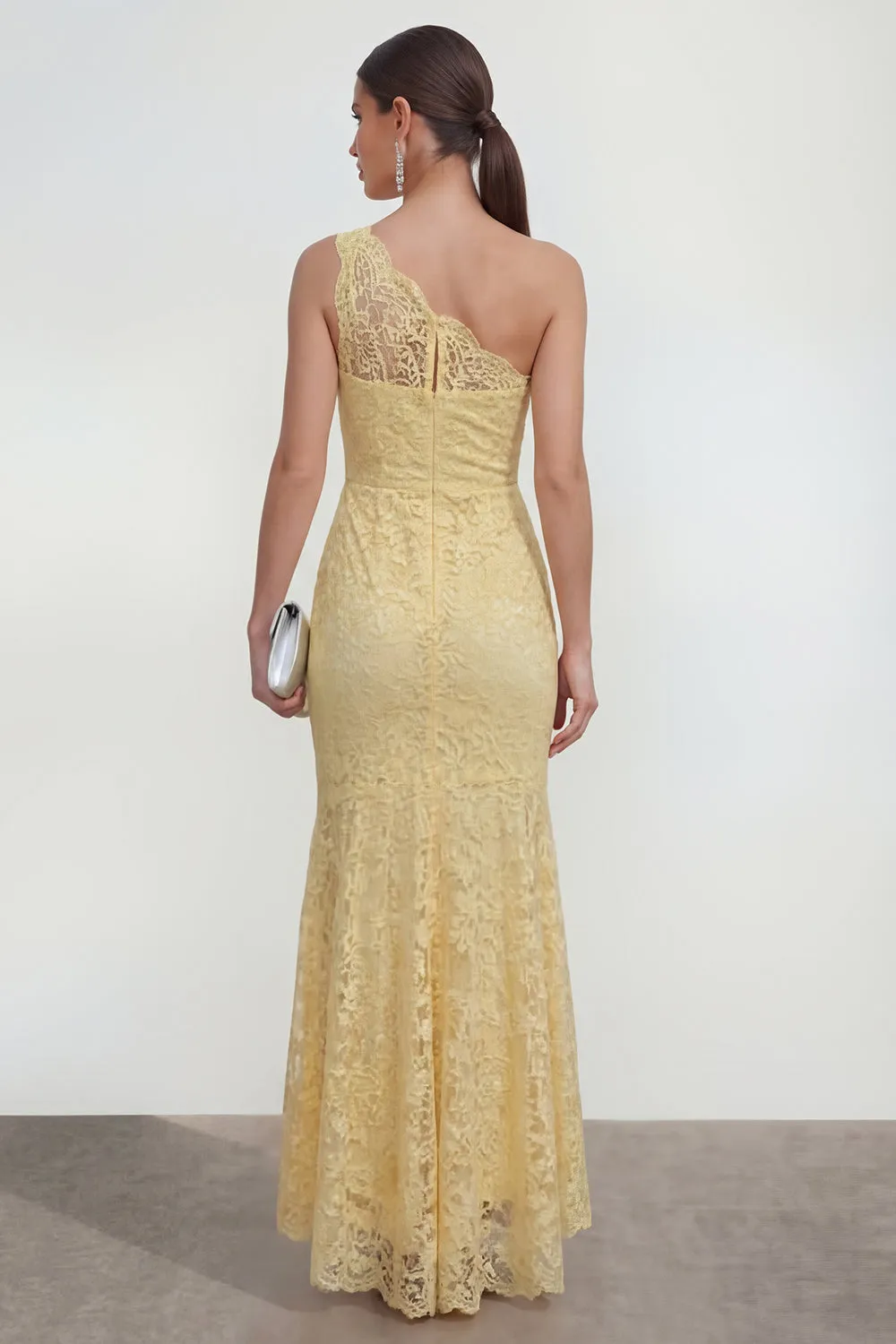 Lace Yellow One Shoulder Ruched Mermaid Long Dress sold by Zapaka product image thumbnail 2