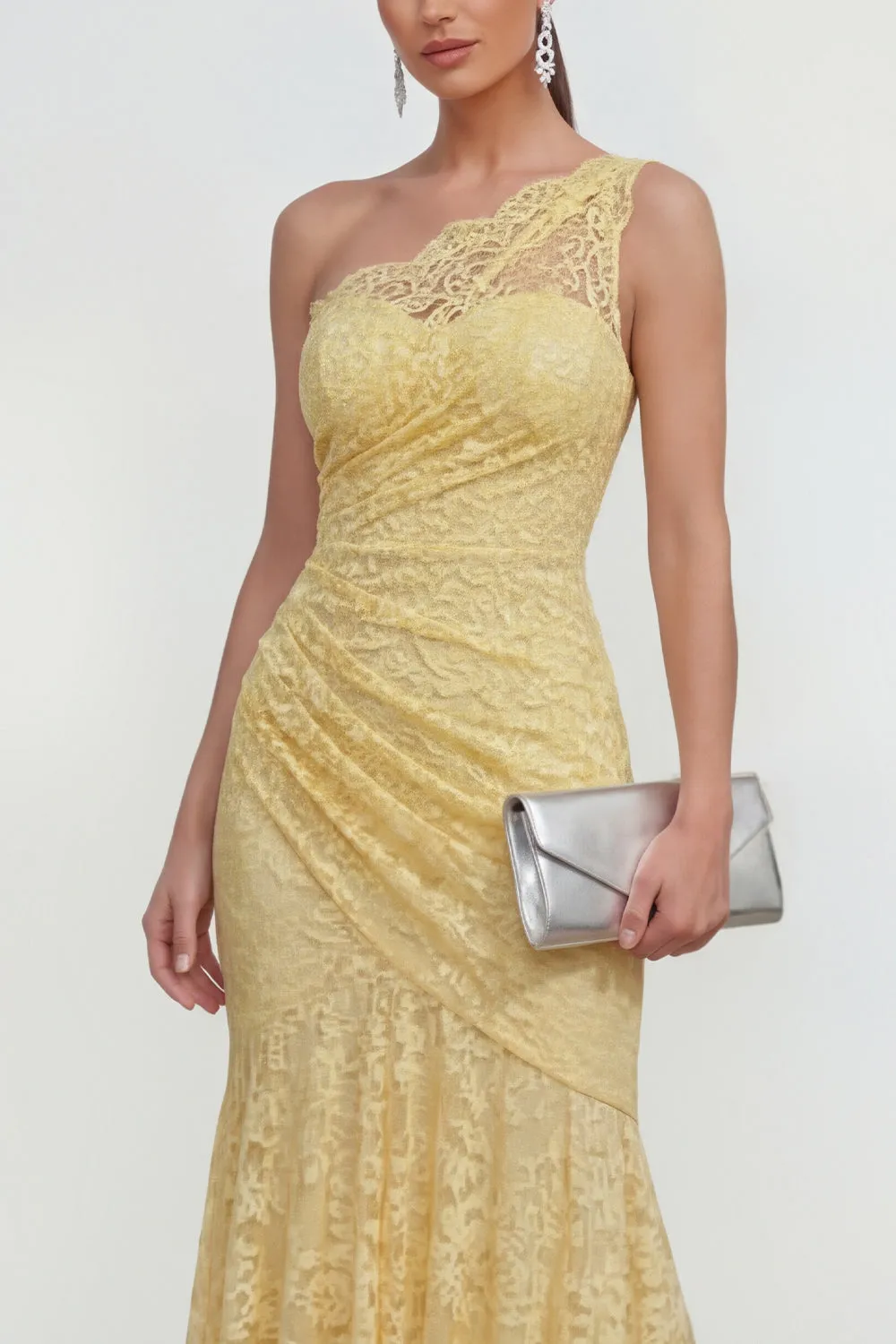 Lace Yellow One Shoulder Ruched Mermaid Long Dress sold by Zapaka product image thumbnail 3