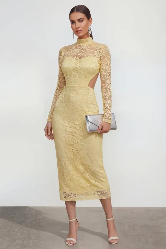 Yellow High Neck Long Sleeves Lace Midi Dress with Slit made by Zapaka