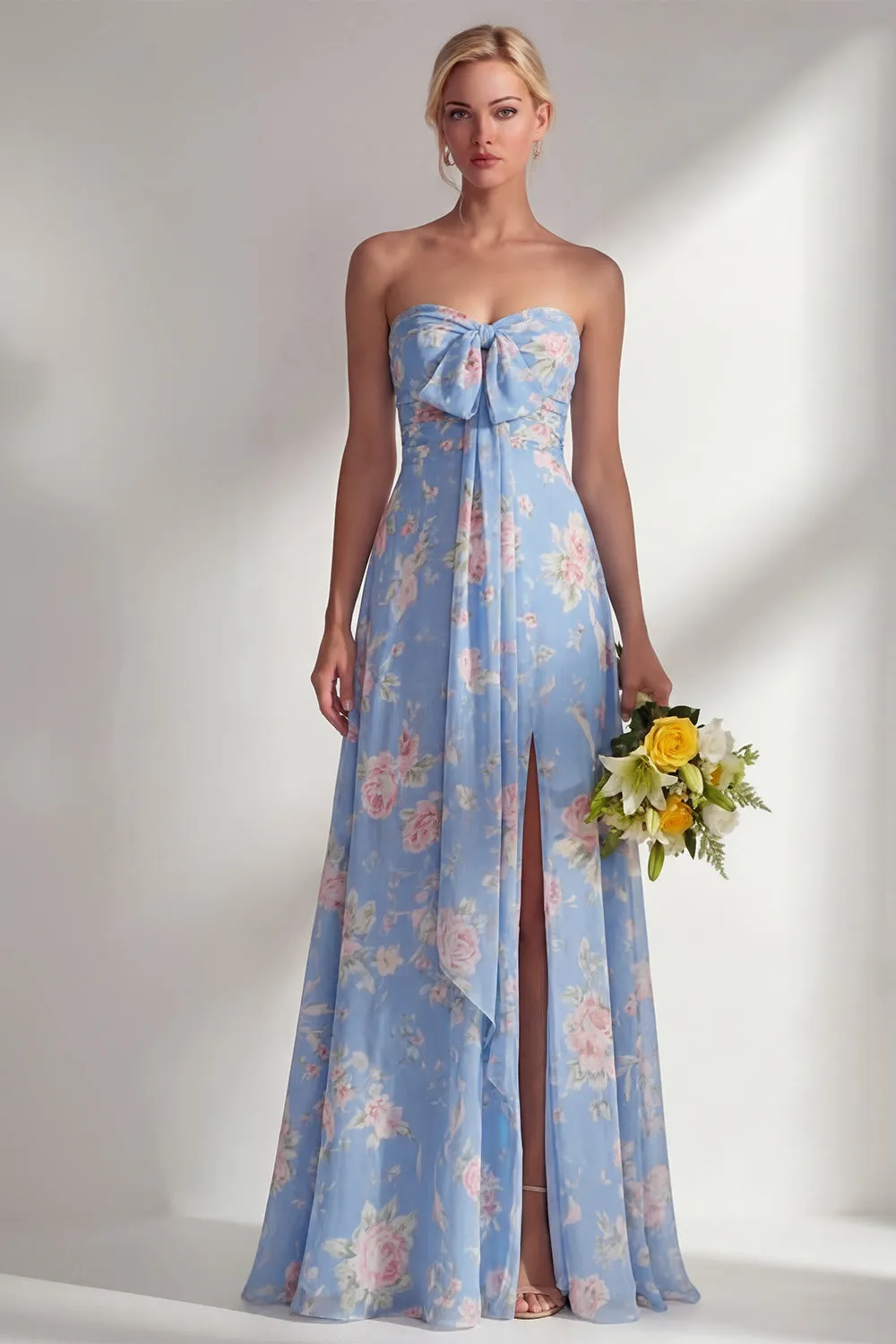Chiffon Blue Pink Flower One Shoulder Ruched Printed Long Bridesmaid Dress with Slit sold by Zapaka product image thumbnail 5