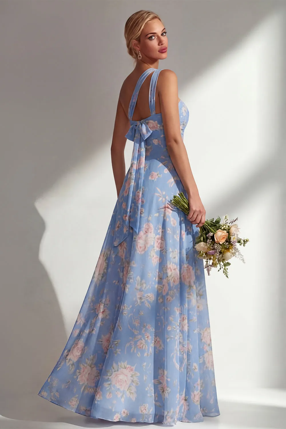 Chiffon Blue Pink Flower One Shoulder Ruched Printed Long Bridesmaid Dress with Slit sold by Zapaka product image thumbnail 2