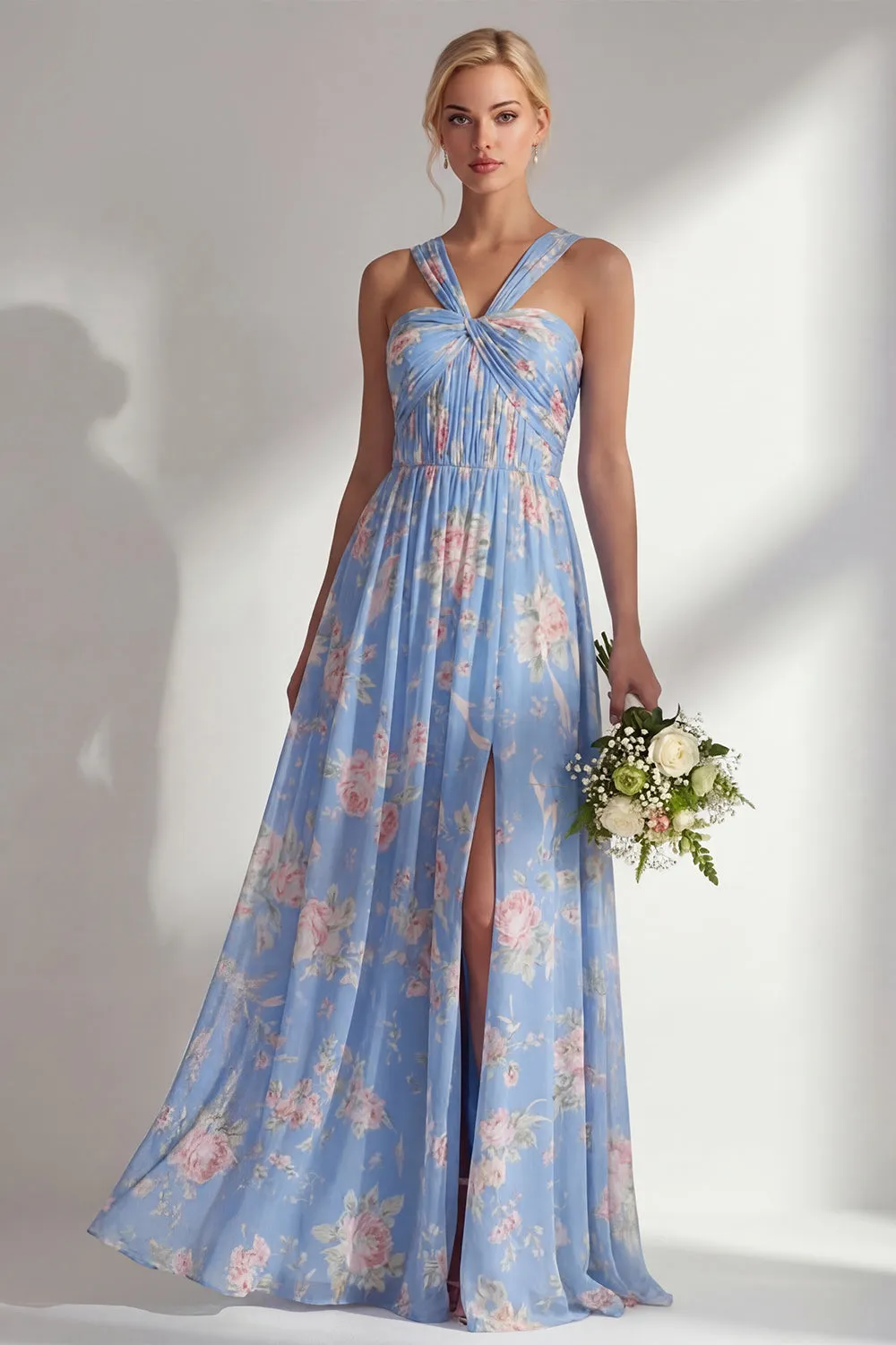 Chiffon Blue Pink Flower One Shoulder Ruched Printed Long Bridesmaid Dress with Slit sold by Zapaka product image thumbnail 3