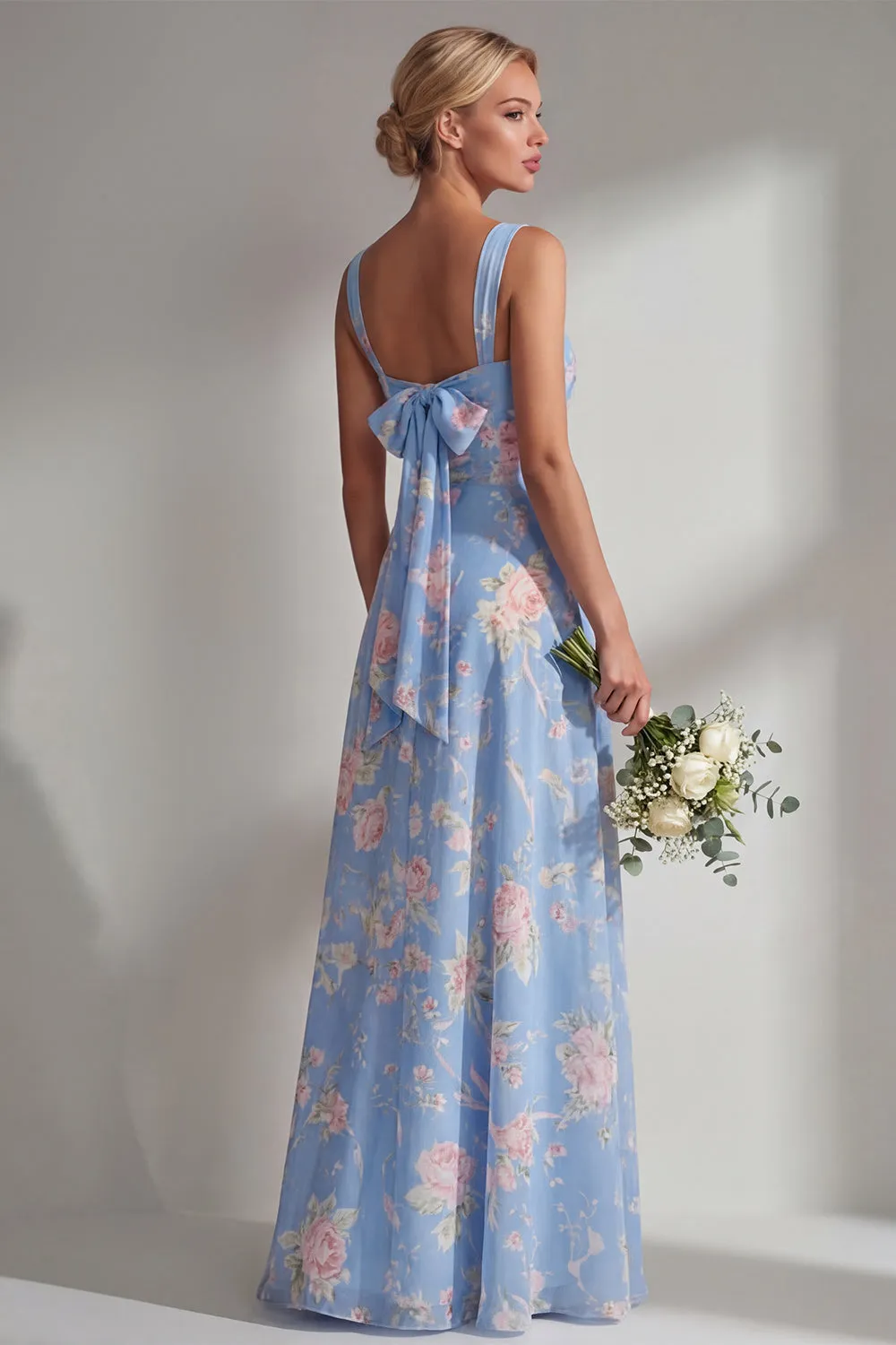 Chiffon Blue Pink Flower One Shoulder Ruched Printed Long Bridesmaid Dress with Slit sold by Zapaka product image thumbnail 4