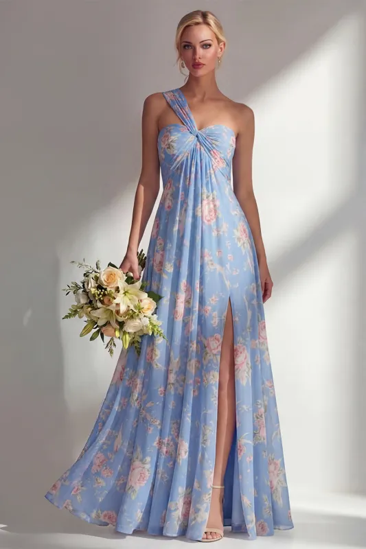 Chiffon Blue Pink Flower One Shoulder Ruched Printed Long Bridesmaid Dress with Slit made by Zapaka