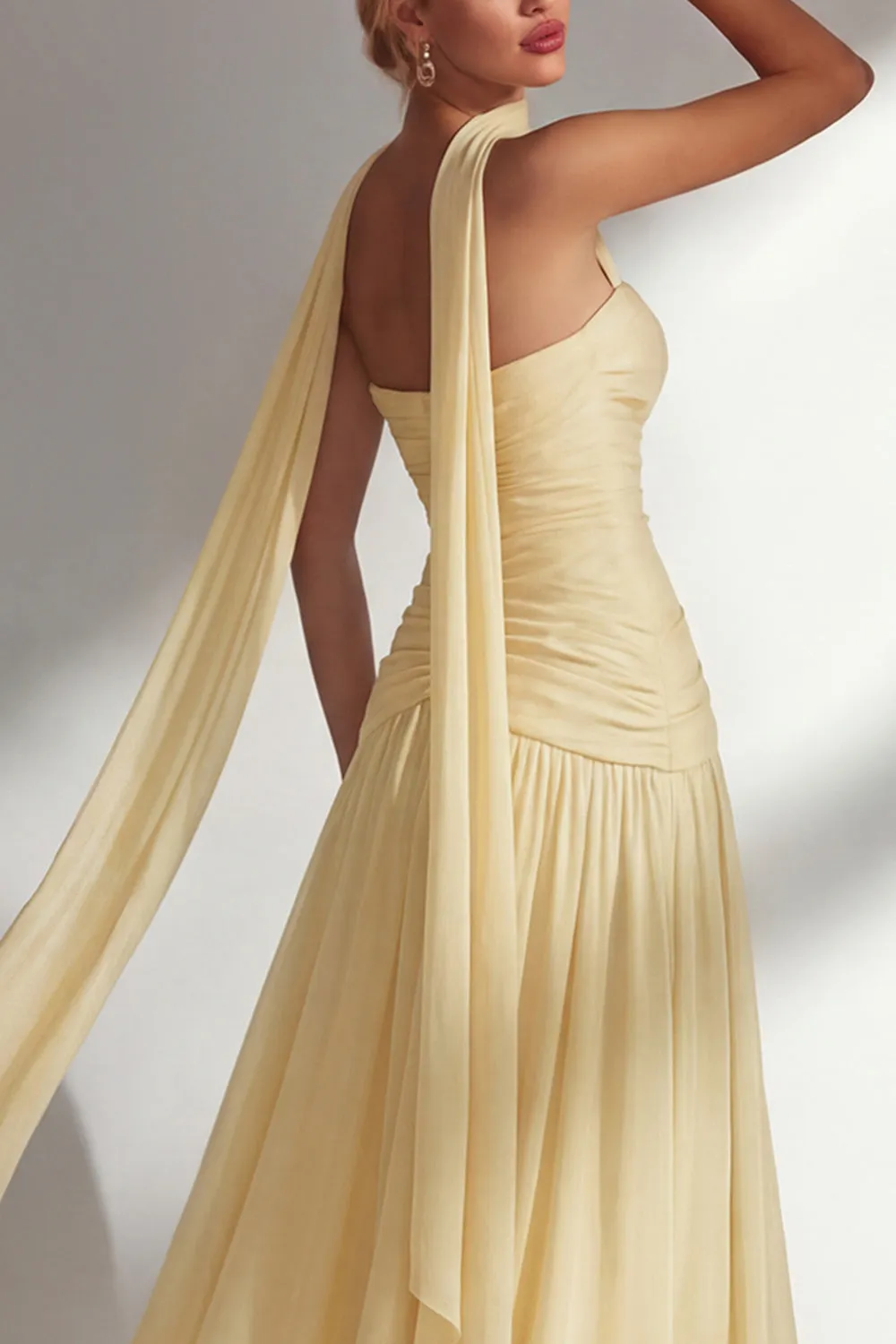 Butter Yellow Chiffon Strapless Ruched Sheath Long Bridesmaid Dress with Slit sold by Zapaka product image thumbnail 4