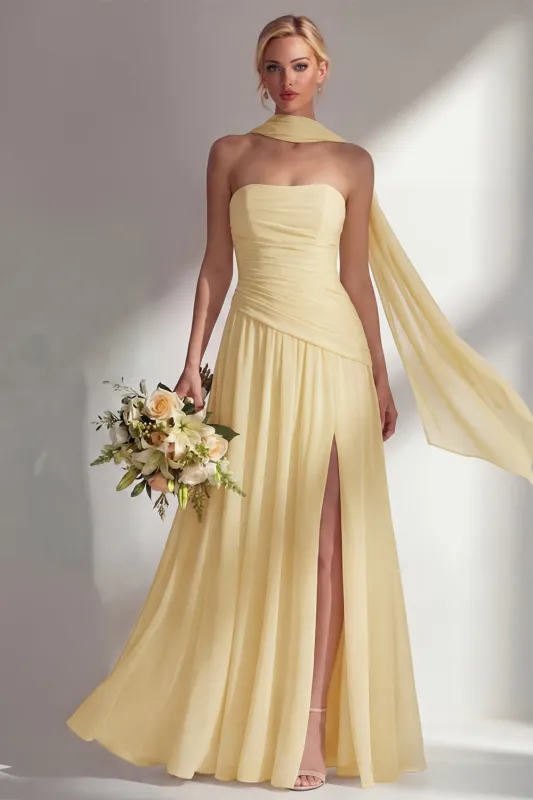 Butter Yellow Chiffon Strapless Ruched Sheath Long Bridesmaid Dress with Slit made by Zapaka
