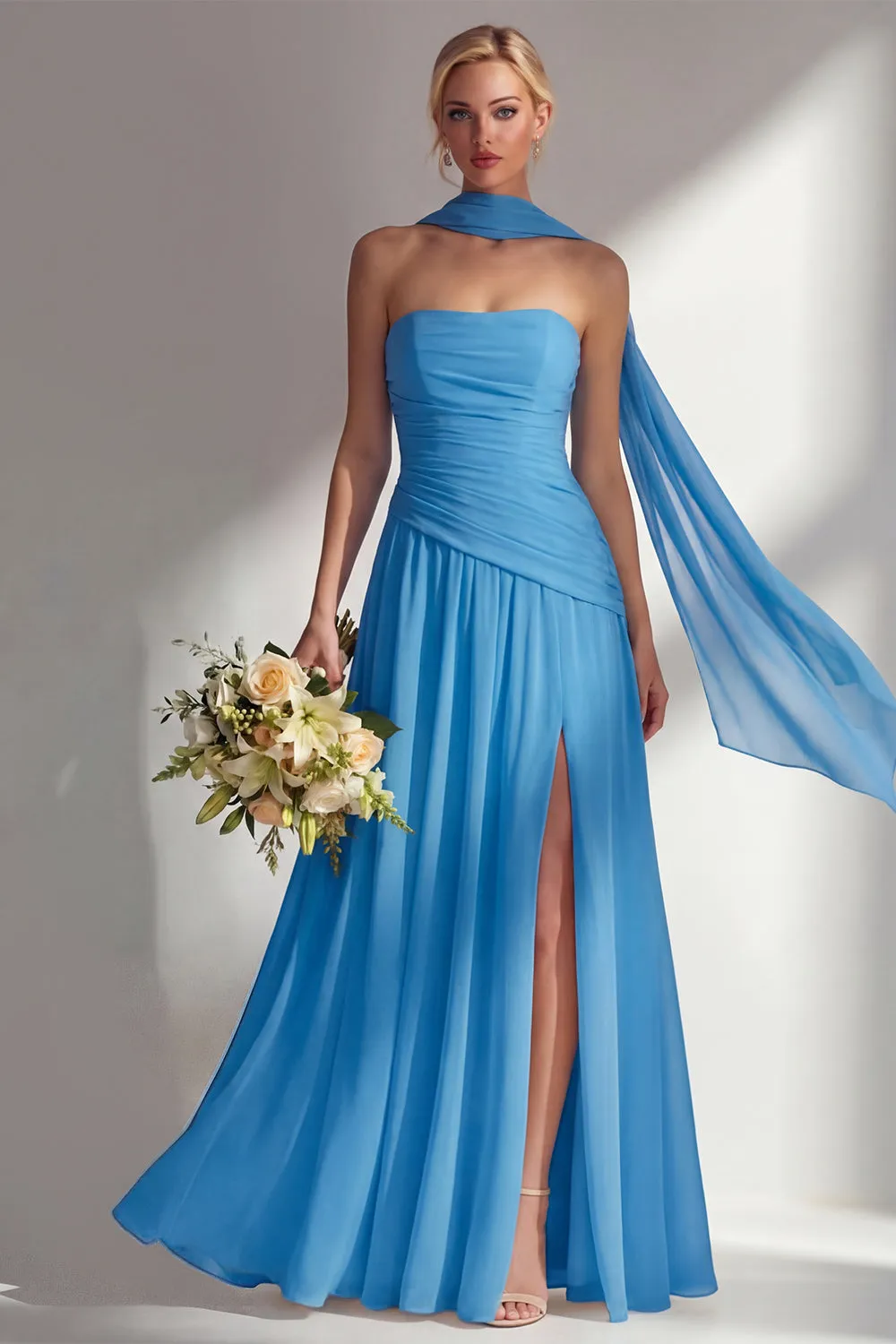Butter Yellow Chiffon Strapless Ruched Sheath Long Bridesmaid Dress with Slit sold by Zapaka product image thumbnail 5