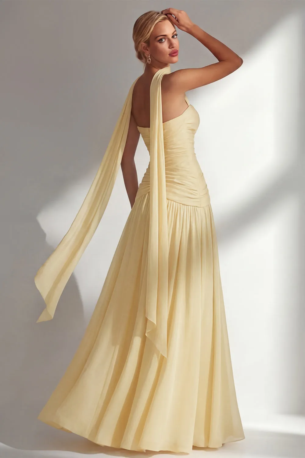 Butter Yellow Chiffon Strapless Ruched Sheath Long Bridesmaid Dress with Slit sold by Zapaka product image thumbnail 2