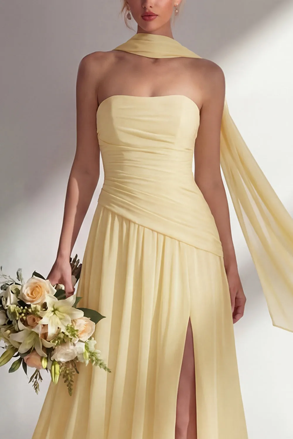 Butter Yellow Chiffon Strapless Ruched Sheath Long Bridesmaid Dress with Slit sold by Zapaka product image thumbnail 3