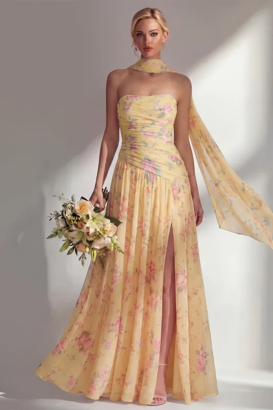 Chiffon Yellow Pink Flower Printed Ruched Strapless Long Bridesmaid Dress with Slit made by Zapaka