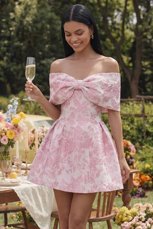 Jacquard A-Line Pink Off the Shoulder Mini Homecoming Dress With Bow made by Zapaka