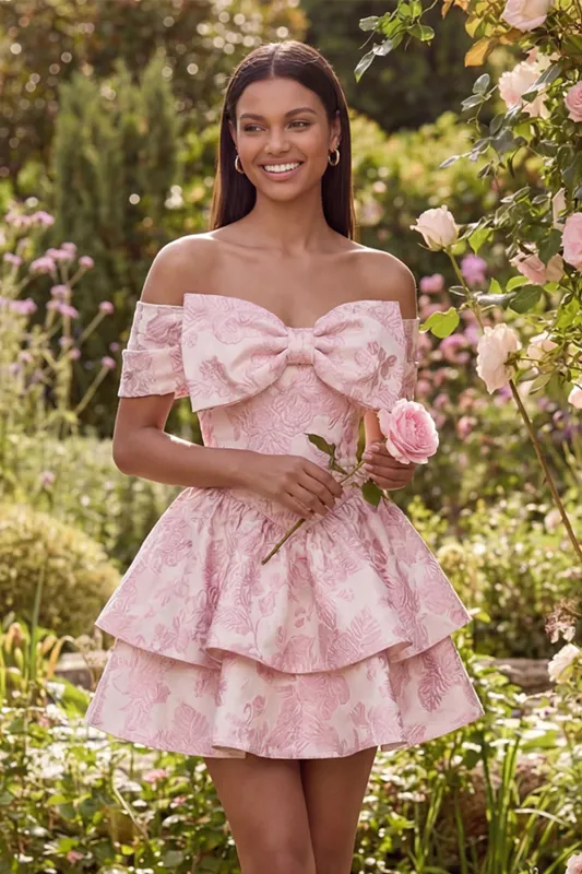 Pink Jacquard A-Line Off the Shoulder Ruffled Mini Homecoming Dress With Bow made by Zapaka