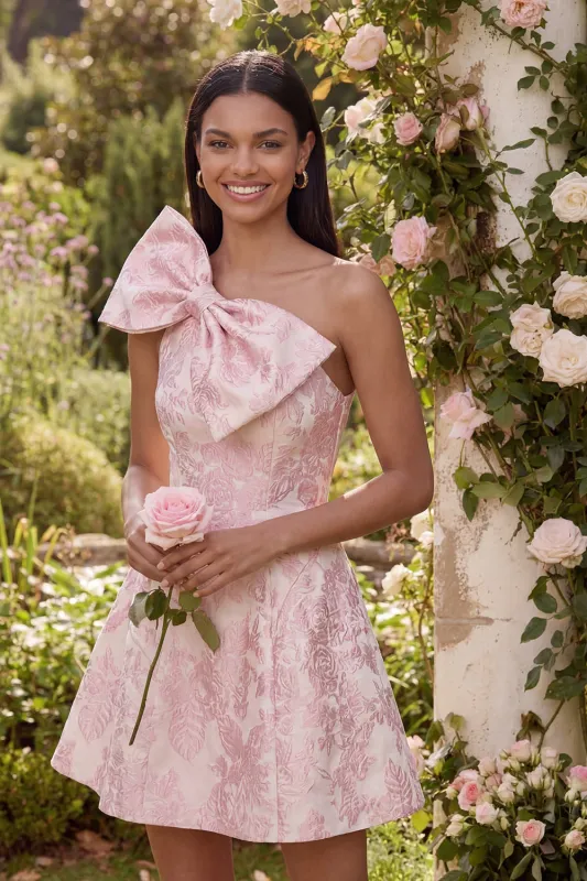 One Shoulder Jacquard A-Line Pink Mini Homecoming Dress With Bow made by Zapaka