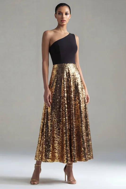 Sparkly One Shoulder A-Line Black and Gold Sequins Long Formal Dress made by Zapaka