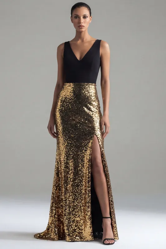 Sparkly Black and Gold Sequins V-Neck Mermaid Long Formal Dress with Slit made by Zapaka