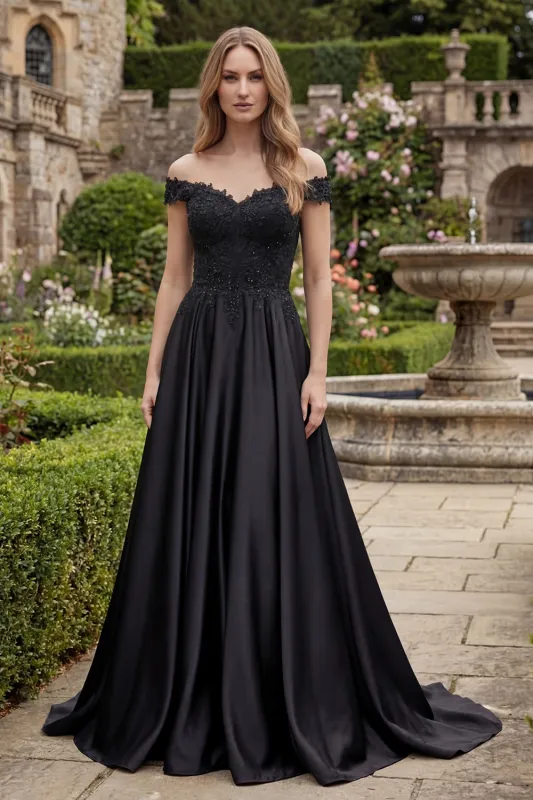 A-Line Satin Black Off the Shoulder Beaded Long Prom Dress made by Zapaka