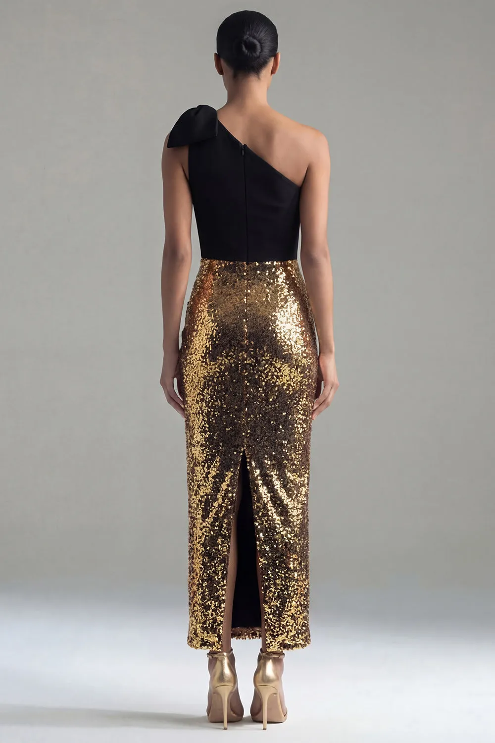 Sparkly One Shoulder Sheath Black and Gold Sequins Bow Long Formal Dress with Slit sold by Zapaka product image thumbnail 2