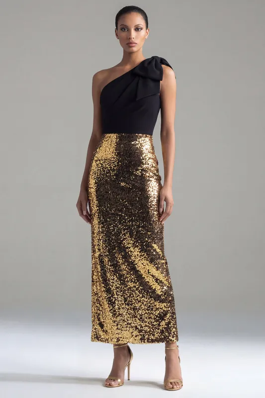 Sparkly One Shoulder Sheath Black and Gold Sequins Bow Long Formal Dress with Slit made by Zapaka