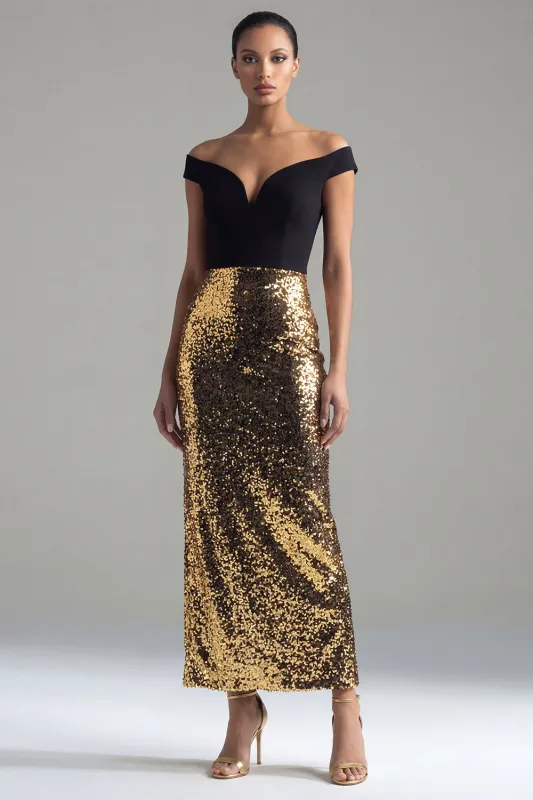 Sparkly Black and Gold Sequins Off the Shoulder Sheath Long Formal Dress with Slit made by Zapaka
