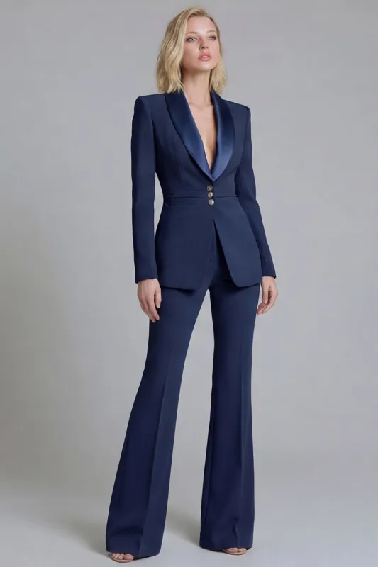 Navy Shawl Lapel 2 Piece Single Breasted Women's Work Suits made by Zapaka