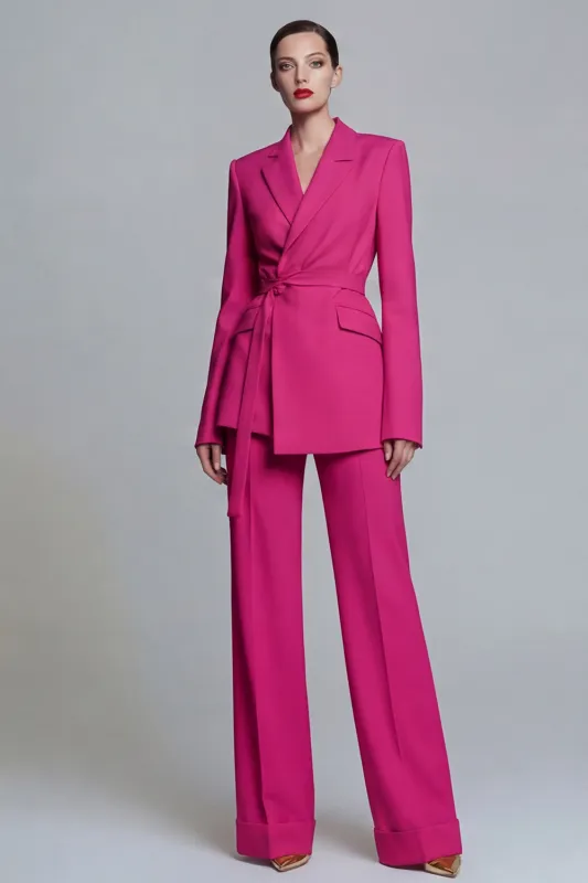Fuchsia Notched Lapel 2-piece One Button Women's Work Suits with Belt made by Zapaka