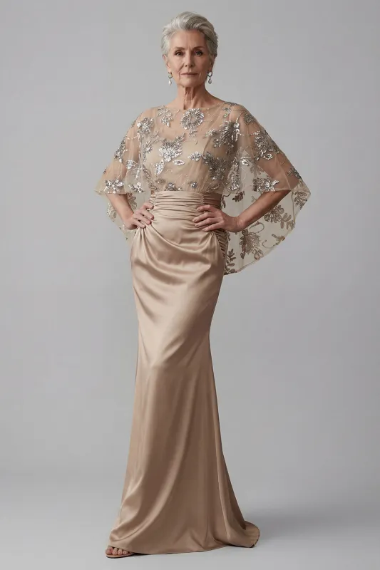 Sparkly Mermaid Floral Champagne Long Mother of the Bride Dress with Beading made by Zapaka