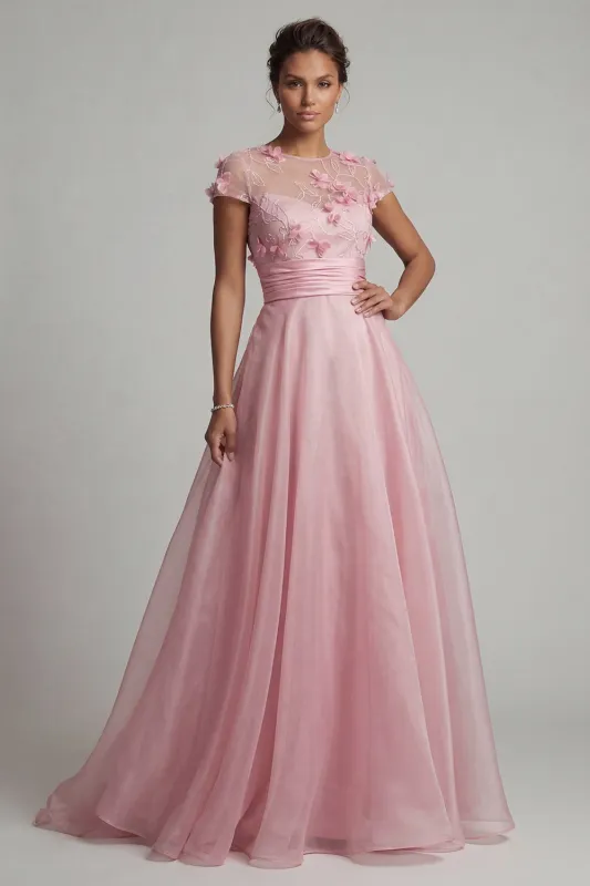 Round Neck A Line Pink Mother Of Bride Dress with 3D Flowers made by Zapaka
