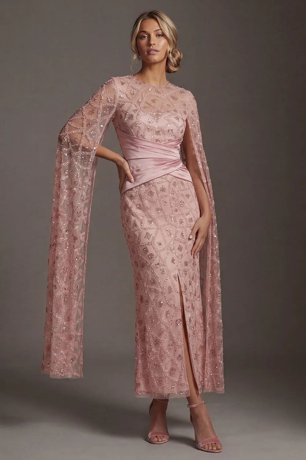 Beaded Blush Sheath Mother Of Bride Dress with Cap Sleeves sold by Zapaka product image thumbnail 3