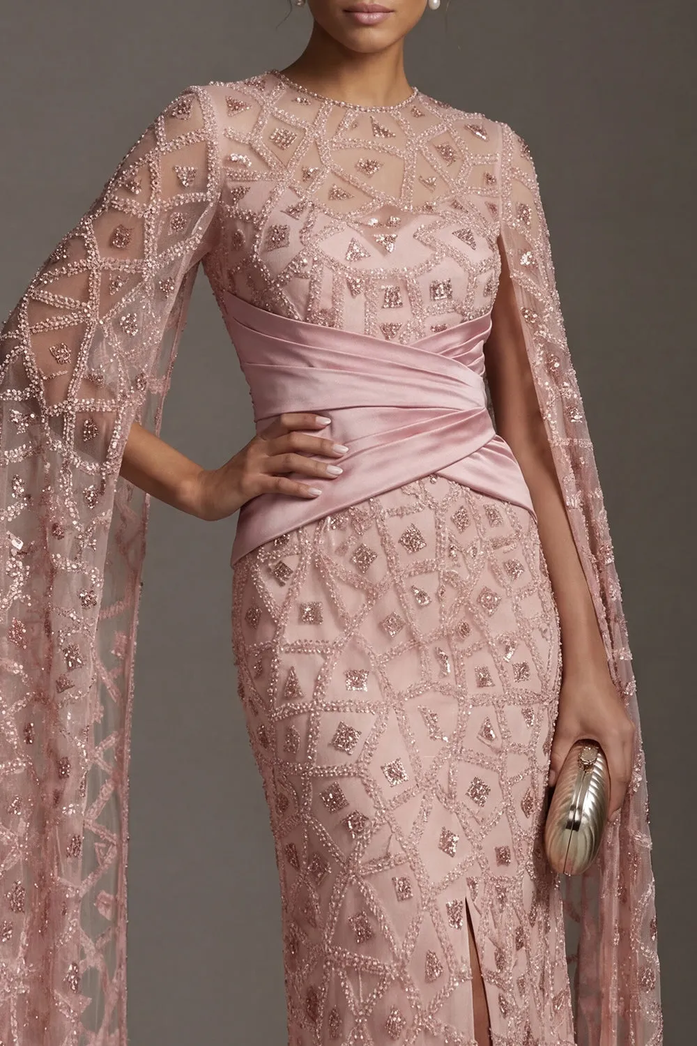 Beaded Blush Sheath Mother Of Bride Dress with Cap Sleeves sold by Zapaka product image thumbnail 4