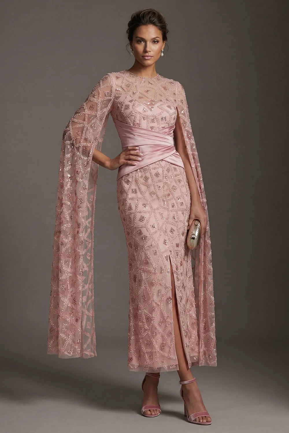 Beaded Blush Sheath Mother Of Bride Dress with Cap Sleeves sold by Zapaka