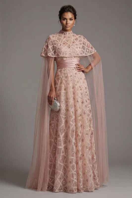 Strapless Beaded Blush A Line Mother Of Bride Dress with Detachable Cape made by Zapaka
