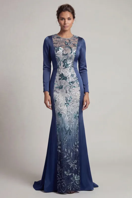 Sequins Navy Long Sleeves Mermaid Mother Of Bride Dress made by Zapaka
