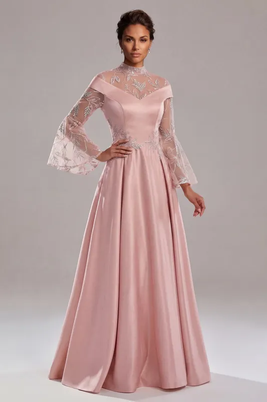 Appliqued Pink Long Sleeve A Line Mother Of Bride Dress made by Zapaka