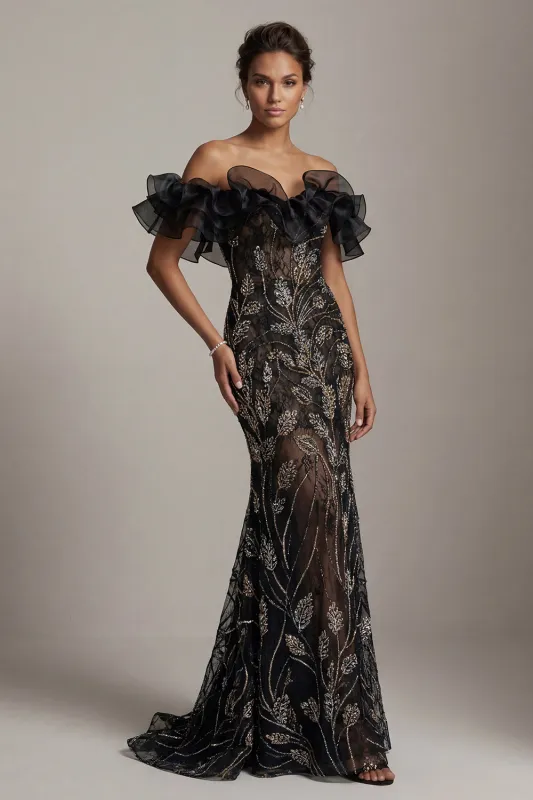 Off The Shoulder Black Sequin Mermaid Mother Of Bride Dress made by Zapaka