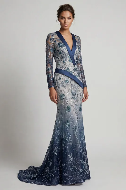 Floral V Neck Mermaid Navy Appliqued Mother Of Bride Dress made by Zapaka