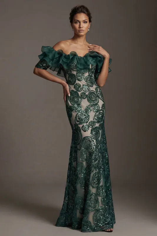 Off The Shoulder Dark Green Sequin Mermaid Mother Of Bride Dress made by Zapaka