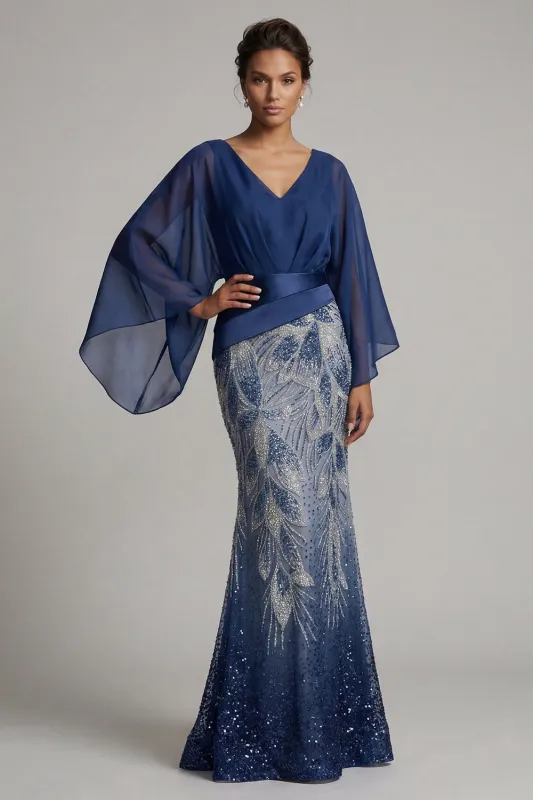 Sparkly Navy V-Neck Mermaid Mother of the Bride Dress with Cape Sleeves made by Zapaka
