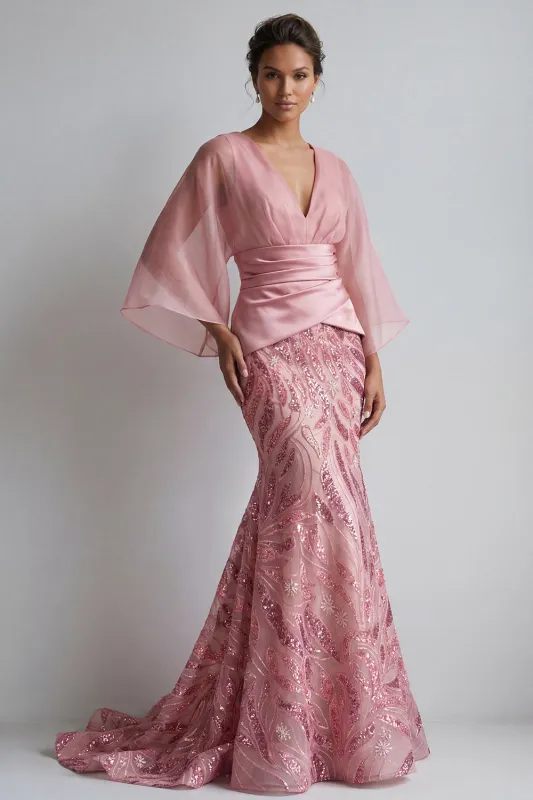 Sparkly Pink V-Neck Mermaid Mother of the Bride Dress with Cape Sleeves made by Zapaka