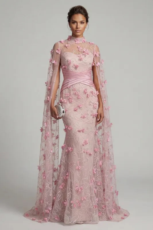 Pink Illusion Neck Mermaid Floral Mother of the Bride Dress with Cape Sleeves made by Zapaka